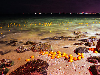 Mandarin oranges on the beach and floating in the sea in front of Penang Island, Malaysia, part of the custom for Chap Goh mei, when local Chinese girls look for partners by writing their contacts on the fruit and throwing it in the water, photo by Ivan Kralj