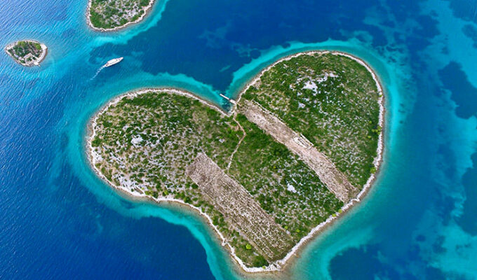 Heart-shaped island of Galešnjak in Pašman Channel, Adriatic Sea, Croatia, aerial photo by Boris Kačan