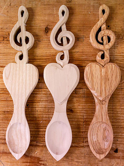 Hand carved love spoons from the Lovespoon Workshop Kilgettty near Tenby, photo by Hawlfraint y Goron, Crown copyright