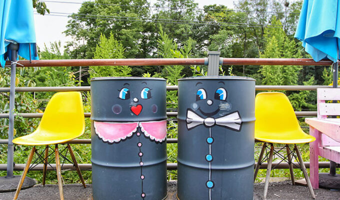Street art barrels "in love" on Valentine's Day at Jaman Mural Village in Jeonju, South Korea, photo by Ivan Kralj