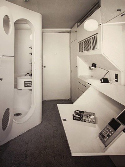 The photograph of the interior of the tiny living unit in Kisho Kurokawa's 1972 Nakagin Capsule Tower built in Tokyo, Japan, as exhibited at Vitra Design Museum in Weil am Rhein, Germany