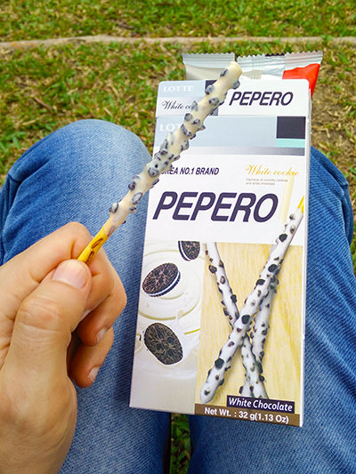 Pepero, Korean cookie stick covered with bits of white chocolate and Oreo, shot in Kuala Lumpur, Malaysia, photo by Ivan Kralj