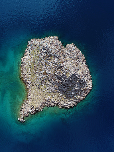Lisac, one of five heart-shaped islands in Adriatic Sea of Croatia, in front of Sveti Juraj, aerial photo by Boris Kačan