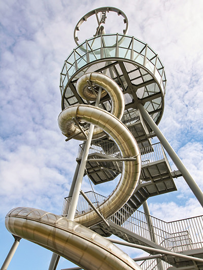 The spiraling Vitra Slide Tower by artist Carsten Holler, at Vitra Campus in Weil am Rhein, Germany, photo by Ivan Kralj