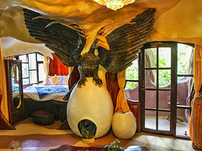 Land eagle sculpture on an egg-shaped fireplace in the room of the Crazy House / Hang Nga Guesthouse in Dalat, Vietnam, photo by Ivan Kralj