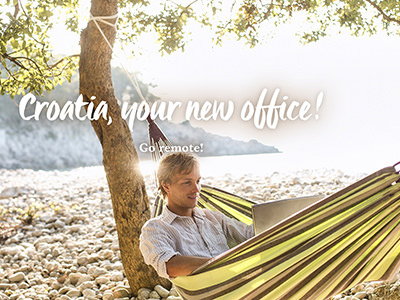 Man working on a laptop in a hammock on a beach in Croatia, the Mediterranean country that introduced digital nomad visa, copyright Croatian Tourist Board