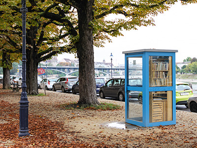 The blue booth in Basel, Switzerland, is home to Büchertauschbörse, the project of free book exchange. Photo by Ivan Kralj
