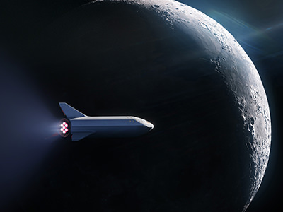 BFR, now called the Starship, passing by the Moon, illustration by SpaceX
