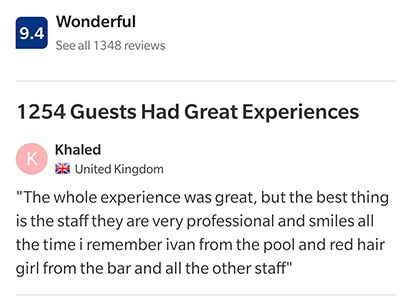 Booking.com guest review saying: “The whole experience was great, but the best thing is the staff. They are very professional and smile all the time. I remember Ivan from the pool (…)”, praising the service of journalist-turned-waiter Ivan Kralj