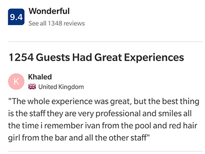 Booking.com guest review saying: “The whole experience was great, but the best thing is the staff. They are very professional and smile all the time. I remember Ivan from the pool (…)”, praising the service of journalist-turned-waiter Ivan Kralj