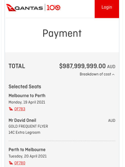 Screenshot of Qantas booking for Melbourne-Perth flight where extra legroom seat was offered for nearly a billion dollar, published on Twitter account of Australian comedian Dave O'Neil