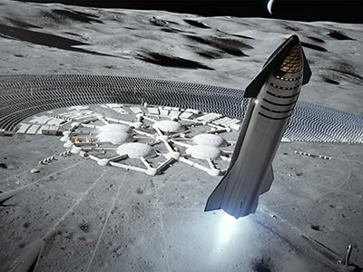 SpaceX Starship leaving the Moon colony, artist rendering by SpaceX
