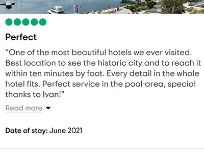 Tripadvisor guest review of the hotel, saying: “Perfect service in the pool area, special thanks to Ivan!”, praising the work of journalist-turned-waiter Ivan Kralj