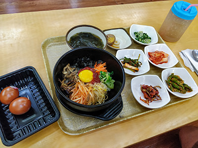 Typical menu in Korean spa - sauna eggs, bibimbap, and sikhye rice drink, served in Siloam Bulgama Sauna Spa, the best jjimjilbang in Seoul, South Korea, photo by Ivan Kralj