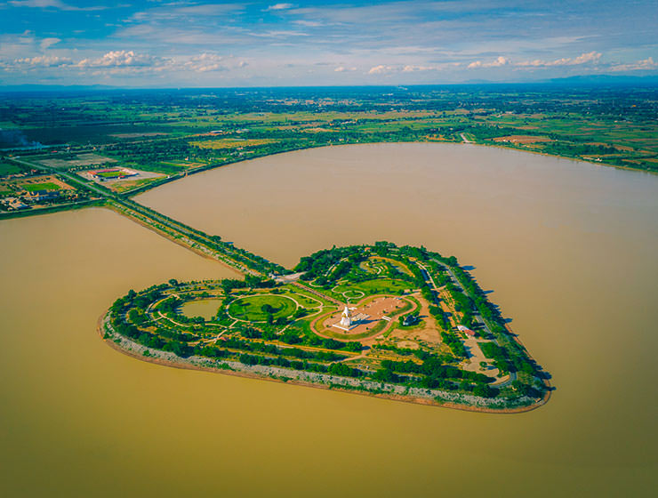 Aerial view of The Holy Heartland, or Thung Talay Luang, an artificial heart-shaped island in Thailand, photo by Nuttawutnuy, Depositphotos