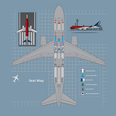 Plane seat map with bulkhead seats marked in red, designed by Pongpongching / Freepik