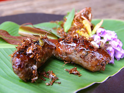 Kulen Mountain pork sausage with red ants and other insects, served on banana leaf in Pou Restaurant, one of the most unique Siem Reap restaurants, Cambodia, photo by Ivan Kralj