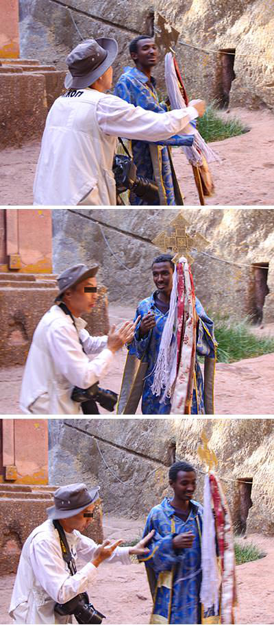 Chinese photographer stopping the Ethiopian altar server with processional cross from attending the church mass, in order to pose for him for a photograph, an example of obsessive photography in St. George Church, Lalibela, Ethiopia, photo by Ivan Kralj