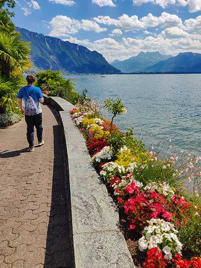 Colorful flowers growing at Montreux Promenade next to the Lac Leman, or Lake Geneva, in Montreux, Switzerland, photo by Ivan Kralj.