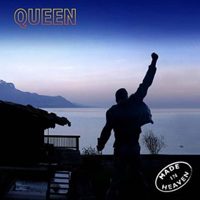 Cover of Queen's last album "Made in Heaven" with Duck House and Freddie Mercury statue silhouette in front of the sunset at Lake Geneva in Montreux, Switzerland, photo by Ivan Kralj
