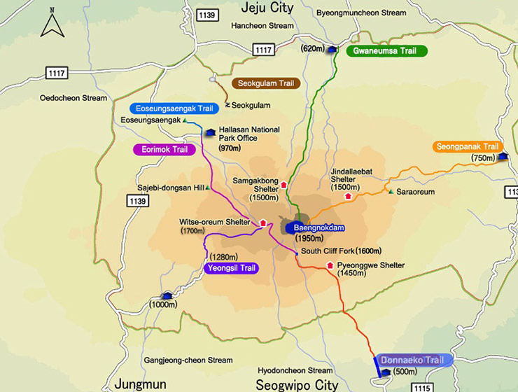 Map of hiking trails on Hallasan Mountain, the highest mountain in South Korea.