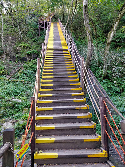 An endless flight of yellow-tipped stairs on Gwaneumsa hiking trail on Hallasan Mountain, South Korea, photo by Ivan Kralj.