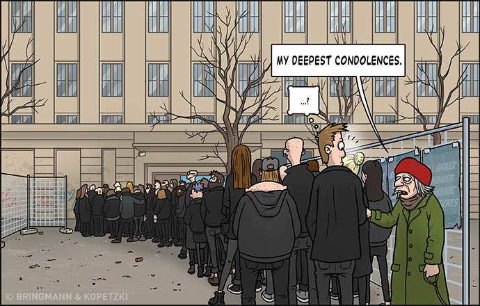 Comic depicting a queue of clubbers wearing black in front of Berghain nightclub in Berlin, and an older lady expressing her condolences, comic by Bringmann & Kopetzki