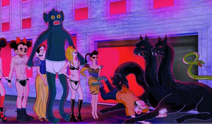 Die Schlange, artwork on Berghain queue depicting a variety of characters trying to get into the club by a three-legged monster bouncer devouring one of the partygoers, artwork by Nicola Napoli