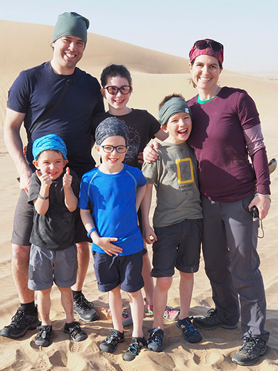 Sebastien Pelletier and Edith Lemay with their four children Mia, Leo, Colin and Laurent, on a trip around the world, photo credit Edith Lemay