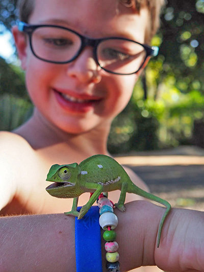 Colin, one of four children of Edith Lemay, posing with a chameleon during his family's voyage around the world, in order to fill the children's visual memory before they go blind due to genetic disorder, photo credit Edith Lemay