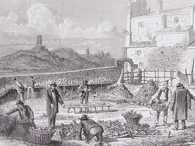 Sorting out the exhumed bones of soldiers from the Battle of Solferino in 1859, artist's impression