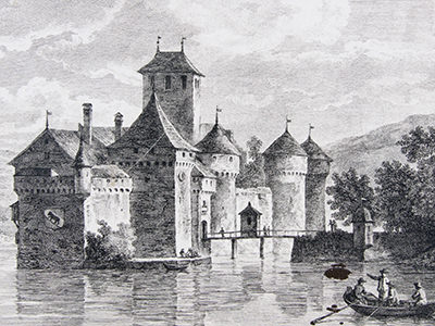 Gravure of Chillon Castle, Switzerland, from 1777.