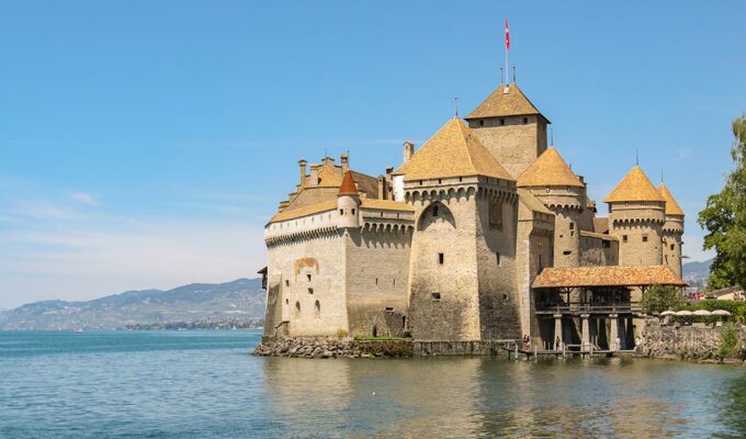 Exterior of Chillon Castle, Swiss island castle on Lake Geneva, the most visited historic monument in the country, photo by Ivan Kralj.