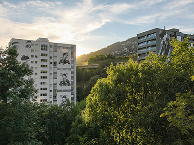 Franck Bouroullec's murals on the facades of two buildings in Vevey, named Chaplin Towers, photo by Ivan Kralj.