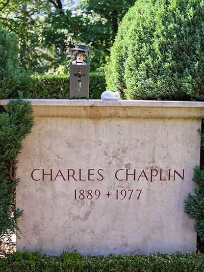 Charlie Chaplin's grave stone at the cemetery in Corsier-sur-Vevey, Switzerland, where he died in 1977, photo by Ivan Kralj.