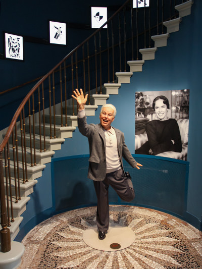 Charlie Chaplin's wax figure in front of the spiral staircase in his home in Vevey, Switzerland, photo by Ivan Kralj.