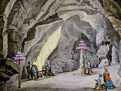 The Curtain formation in Postojna Cave, as presented in the artwork by Goldenstein in 1864.