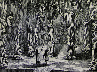 Illustration of Postojna Cave by V. Novak, in which cave formations are presented as real and fantastic beasts under the torchlight of visitors.
