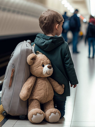 Boy standing on the train station platform, with a stuffed teddy bear and giant backpack. Weighted stuffed animals can reduce anxiety connected with travel stress. Image created by Midjourney/Ivan Kralj.
