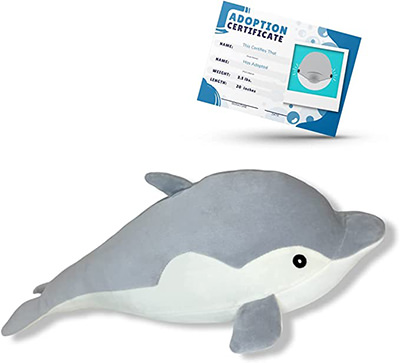 Weighted stuffed animal in a form of a dolphin, with adoption certificate, by Ayoka Toys.