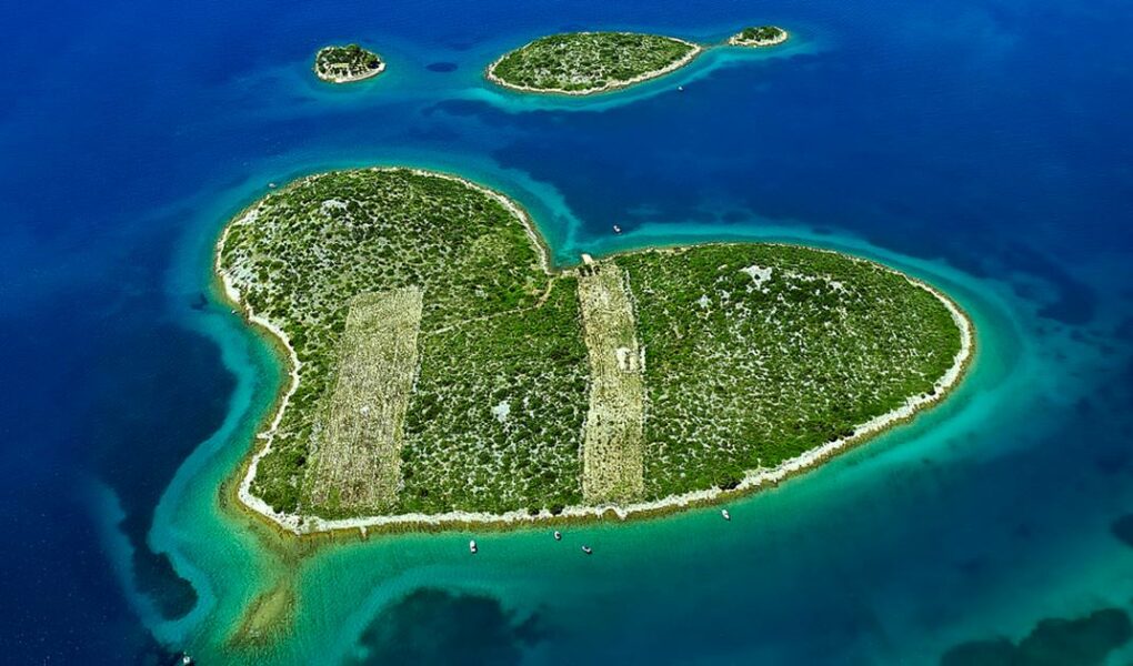Croatian island of Galešnjak as seen from the air, the heart-shaped island is up for sale, aerial photo by Boris Kačan.