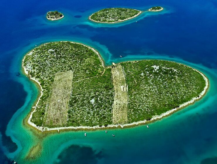 Croatian island of Galešnjak as seen from the air, the heart-shaped island is up for sale, aerial photo by Boris Kačan.