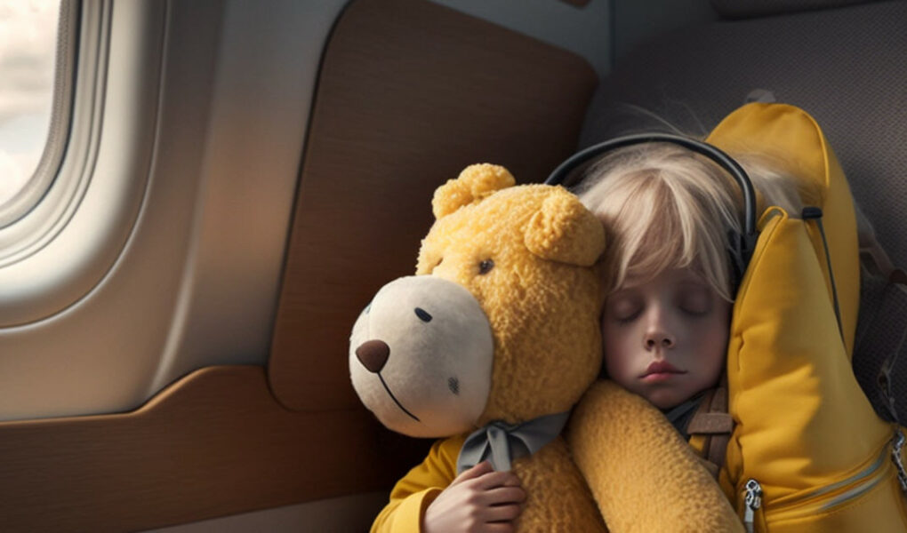Little girl sleeping while traveling, holding a yellow plush teddy bear, a weighted stuffed animal in her arms, image created by Midjourney/Ivan Kralj.