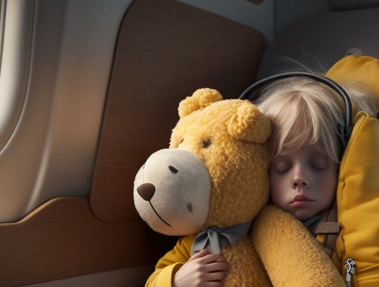 Little girl sleeping while traveling, holding a yellow plush teddy bear, a weighted stuffed animal in her arms, image created by Midjourney/Ivan Kralj.
