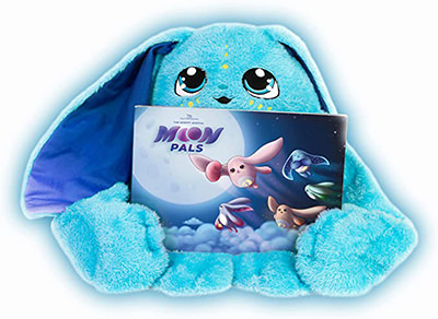 Moon Pal Bo, blue weighted stuffed animal holding a storybook, by Moon Pals