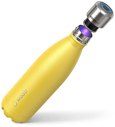 Yellow self-cleaning water bottle that uses UV technology in the Crazy Cap to get rid of the unwanted germs, mold bacteria, by Waatr.