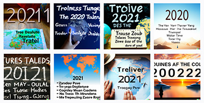 Scramble of words on eight different images, an AI interpretation of the prompt "travel predictions for 2023", created by DALL-E.