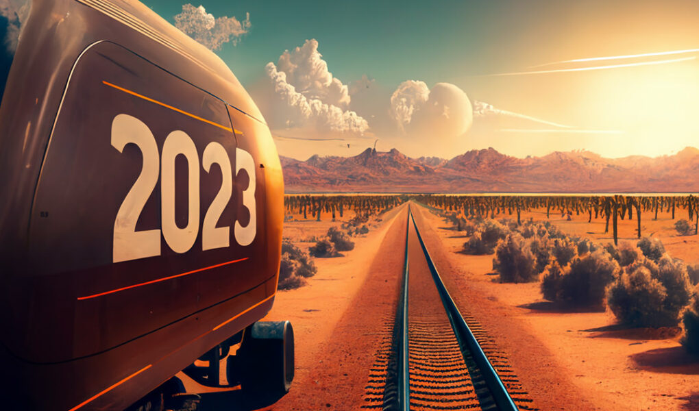 AI art of a futuristic train wagon with number 2023, by the train tracks in a desert, AI art created by Midjourney, prompted by Ivan Kralj