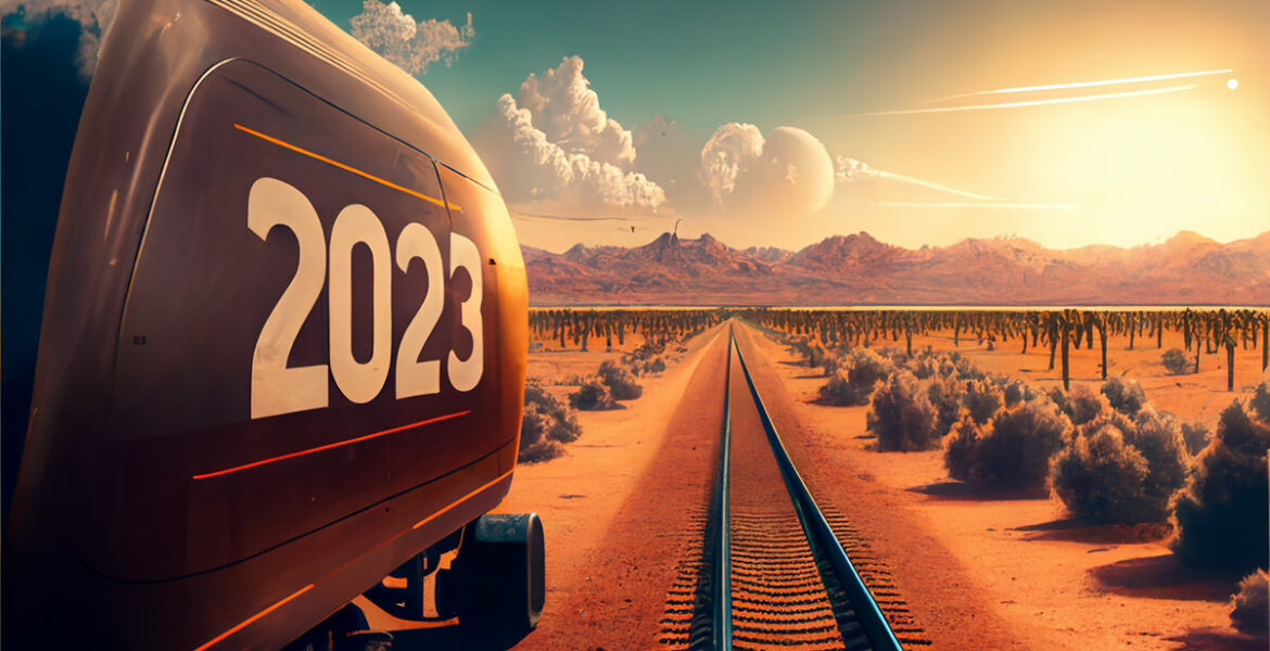 AI art of a futuristic train wagon with number 2023, by the train tracks in a desert, AI art created by Midjourney, prompted by Ivan Kralj