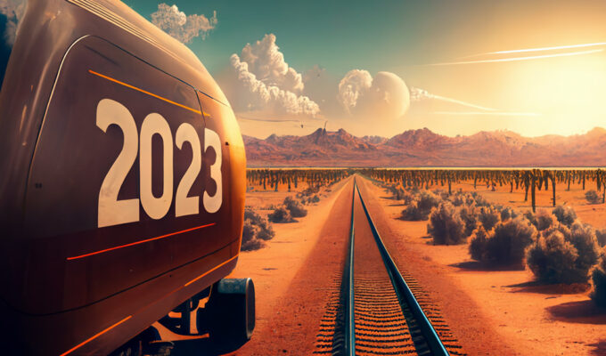 AI art of a futuristic train wagon with number 2023, by the train tracks in a desert, AI art created by Midjourney, prompted by Ivan Kralj